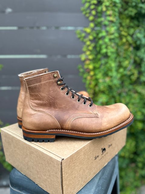 Photo by JB on July 1, 2024 of the Truman Plain Toe Boot in Horween Natural Cypress.