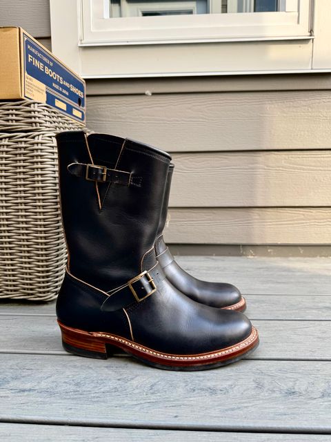 Photo by aldronaut on September 1, 2025 of the John Lofgren Wabash Engineer Boots in Horween Black Chromexcel.