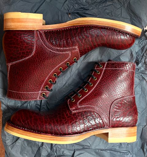 Photo by ENEM on March 1, 2026 of the Blkbrd Shoemaker Rudiger-Z PLain toe in Law Tanning Black Cherry Big Horn Shrunken Bison.