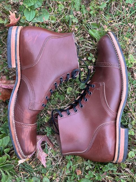 Photo by pnwelted on November 2, 2024 of the Viberg Service Boot BCT in Horween Pigment Brown Workshoe Butt.