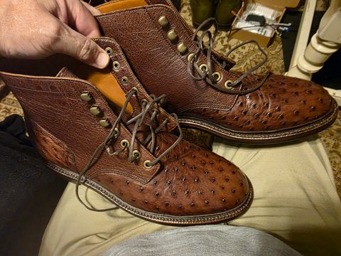 Photo by Sergeant82d on March 28, 2025 of the Grant Stone Diesel Boot in Kango Tobacco Ostrich.