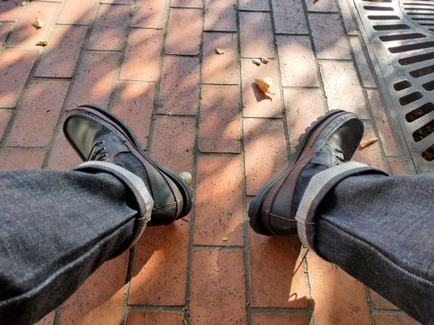 Photo by StuntTriple on November 9, 2025 of the Russell Moccasin Co. Rose Anvil X Naked & Famous X Russell Blood Core PH in Seidel x Rose Anvil "Blood Core" Leather & 21oz Elephant 13 Red Core Denim.