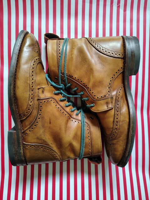 Photo by EMJ on December 4, 2025 of the Allen Edmonds Dalton Wingtip Dress Boot in Walnut Calfskin.