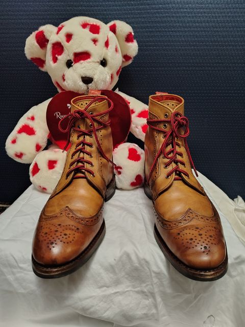 Photo by EMJ on February 3, 2026 of the Allen Edmonds Dalton Wingtip Dress Boot in Walnut Calfskin.