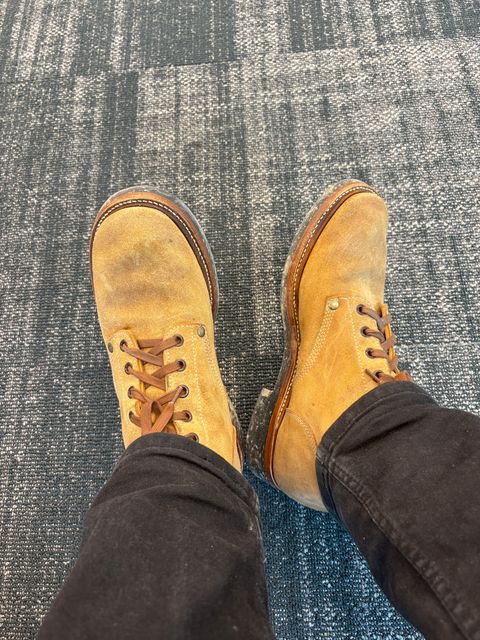 Photo by RTRSnk004 on March 23, 2026 of the Buzz Rickson’s X Unsung House M43 Service Boot in Combination-tanned Camel Cowhide.