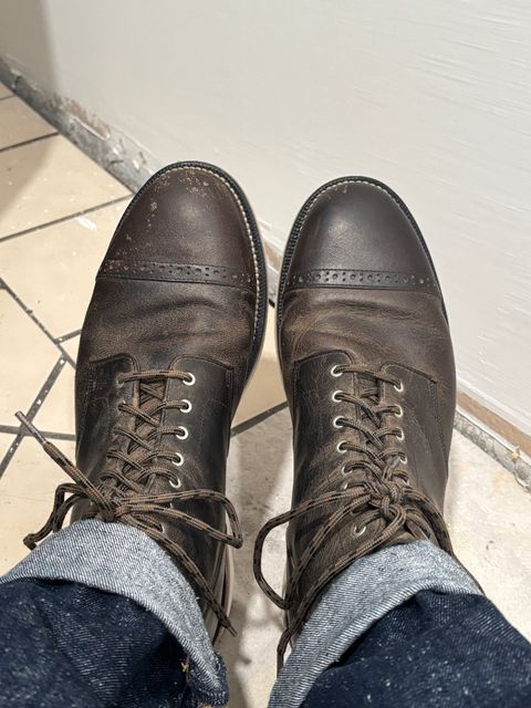 Photo by j03_gr1nd on December 5, 2024 of the Grant Stone Garrison Boot in teton waxy stag from gallun tannery.