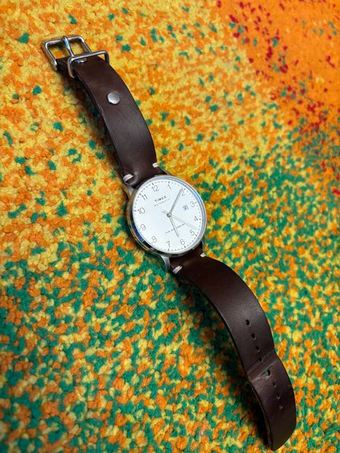 Photo by namawalla on September 2, 2025 of the One Star Leather Goods Watch Band in Horween Brown Chromexcel.