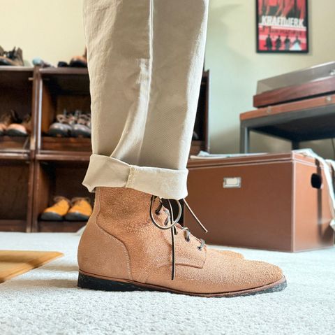 Photo by moznme on July 15, 2026 of the Clinch Yeager Boots in Wickett & Craig Natural Latigo Roughout.