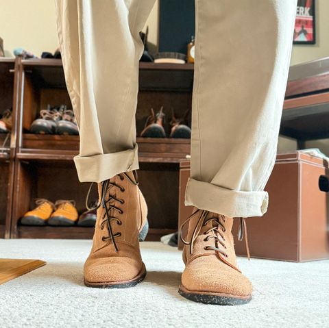 Photo by moznme on July 15, 2026 of the Clinch Yeager Boots in Wickett & Craig Natural Latigo Roughout.
