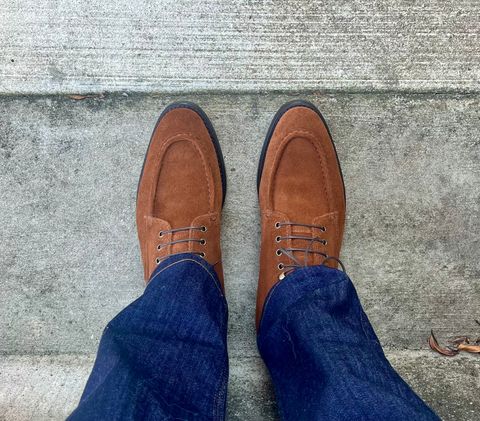 Photo by theoldsole on December 13, 2025 of the Carlos Santos 1686 Moc Toe “Brandon” in C.F. Stead Snuff Repello Calf Suede.