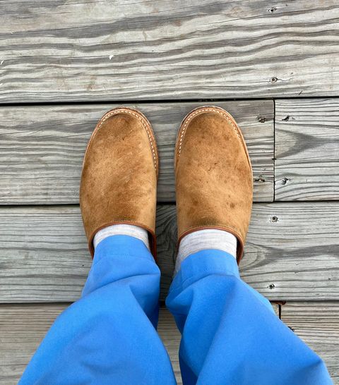 Photo by theoldsole on March 4, 2026 of the Viberg Mule in C.F. Stead Anise Calf Suede.