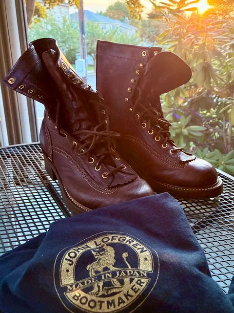 Photo by Vic on July 13, 2026 of the John Lofgren Donkey Puncher Boots in Ezo Shika Deerskin Burnt Dark Brown.
