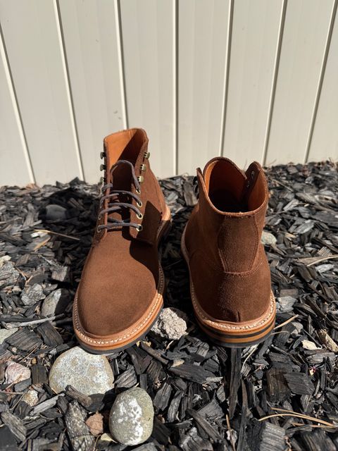 Photo by sierraStyled on April 4, 2026 of the Grant Stone Diesel Boot in C.F. Stead Bourbon Repello Calf Suede.