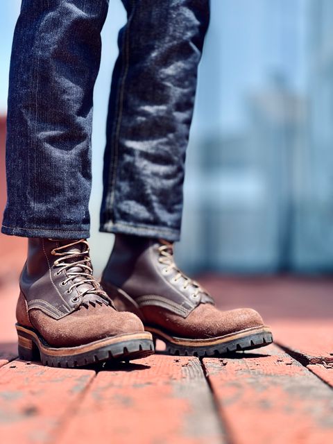 Photo by patinatimes on May 7, 2025 of the Drew's Boots 8-Inch Logger in Brown Roughout & Brown Smooth.