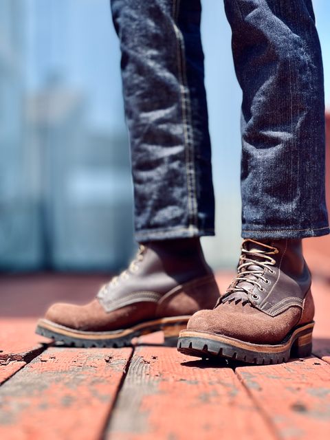 Photo by patinatimes on May 7, 2025 of the Drew's Boots 8-Inch Logger in Brown Roughout & Brown Smooth.