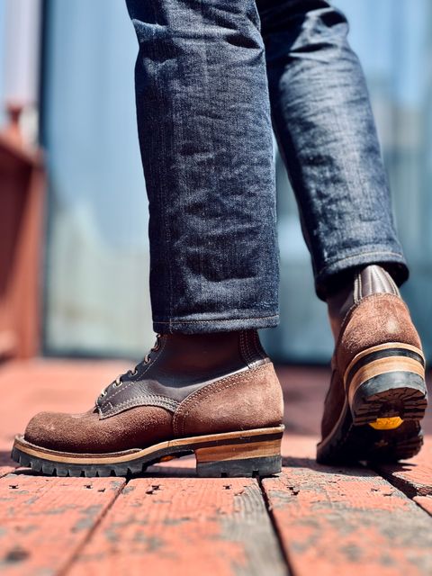 Photo by patinatimes on May 7, 2025 of the Drew's Boots 8-Inch Logger in Brown Roughout & Brown Smooth.