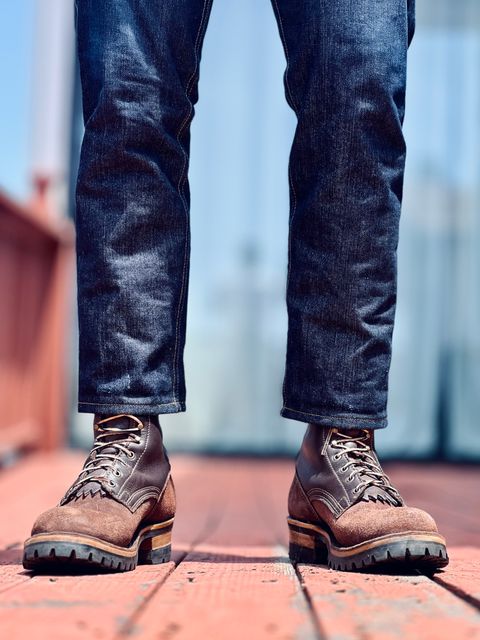 Photo by patinatimes on May 7, 2025 of the Drew's Boots 8-Inch Logger in Brown Roughout & Brown Smooth.
