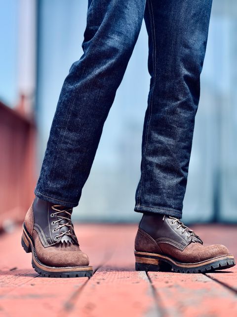 Photo by patinatimes on May 7, 2025 of the Drew's Boots 8-Inch Logger in Brown Roughout & Brown Smooth.