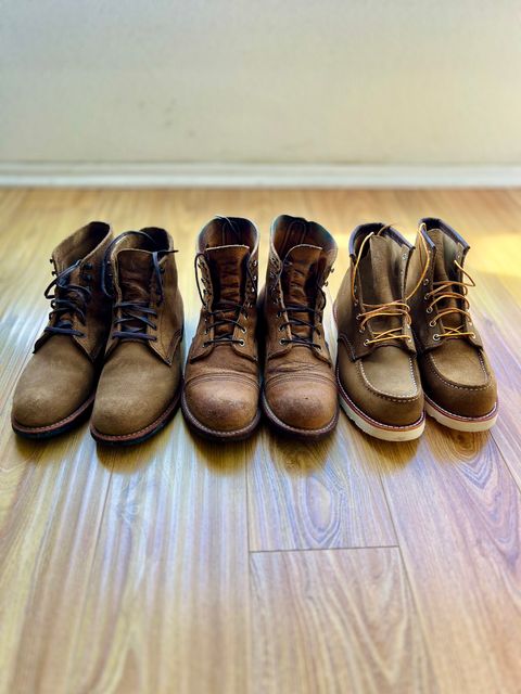 Photo by patinatimes on December 9, 2023 of the Red Wing 6-Inch Classic Moc in S.B. Foot Olive Mohave Roughout.
