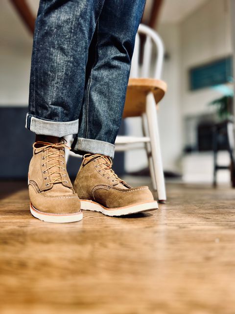 Photo by patinatimes on December 19, 2023 of the Red Wing 6-Inch Classic Moc in S.B. Foot Olive Mohave Roughout.