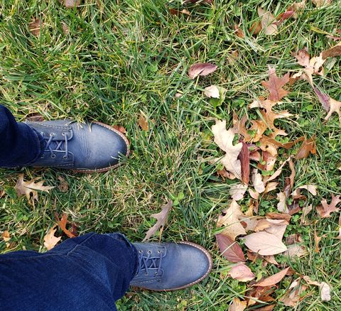 Photo by bootsforlife on November 16, 2025 of the Wolverine 1000 Mile Plain-Toe Boot in Horween Navy Olive Tan.