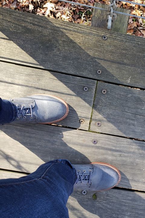 Photo by bootsforlife on November 16, 2025 of the Wolverine 1000 Mile Plain-Toe Boot in Horween Navy Olive Tan.
