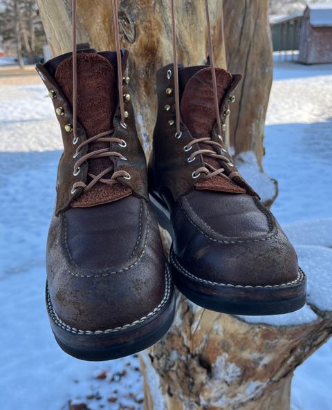 Photo by Gmetal64 on March 1, 2026 of the Nicks Moc Toe in 64 Brown Roughout Over Horween Ember Waxed Flesh.