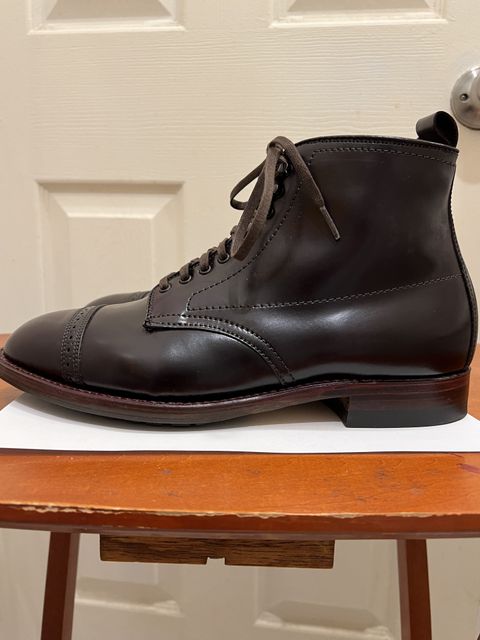 Photo by patinathunderdome on October 6, 2021 of the Alden Perforated Cap Toe Boot in Horween Color 8 Shell Cordovan.