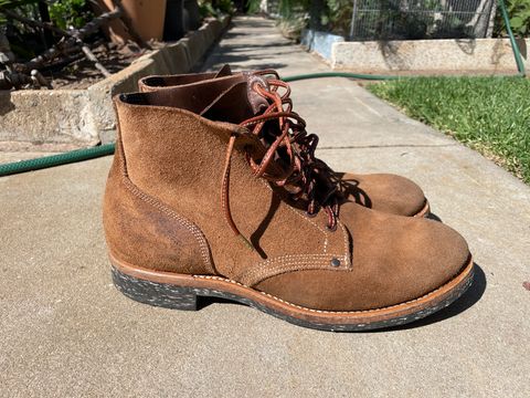 Photo by patinathunderdome on January 4, 2024 of the Viberg Boondocker in Horween Natural Chromexcel Roughout.