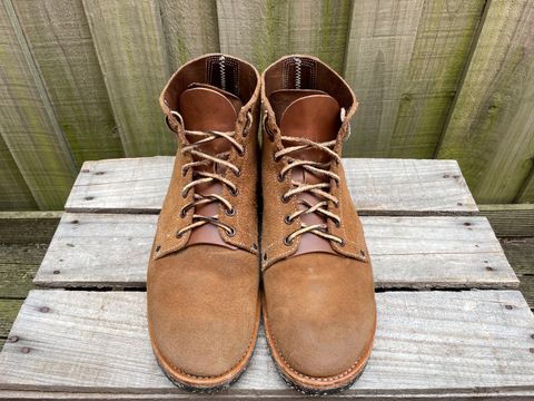 Photo by patinathunderdome on March 3, 2024 of the Viberg Boondocker in Horween Natural Chromexcel Roughout.