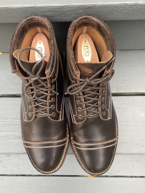 Photo by patinathunderdome on November 5, 2021 of the Flame Panda Service Boot in Horween Dark Brown Waxed Flesh.