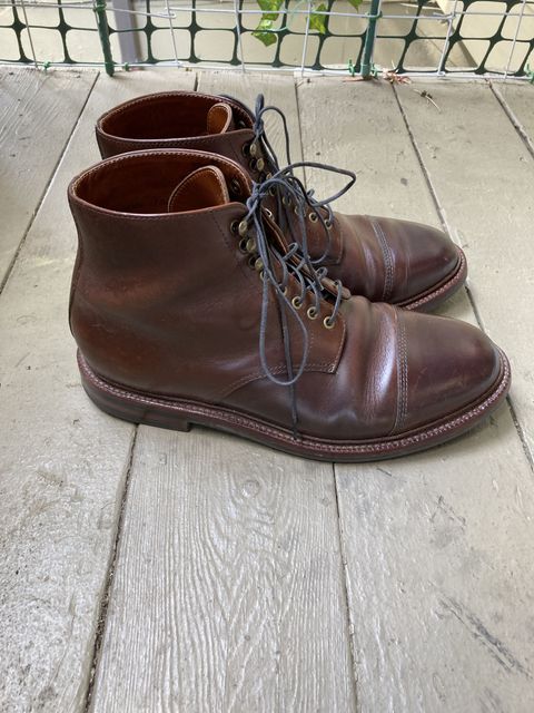 Photo by patinathunderdome on April 1, 2022 of the Grant Stone Cap Toe Boot in Horween Crimson Chromexcel.
