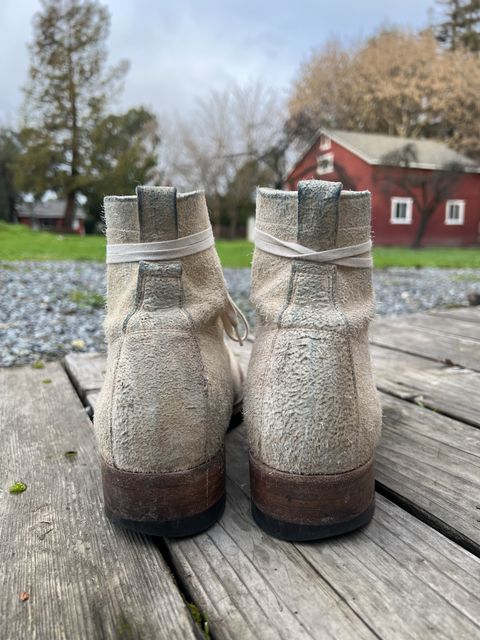 Photo by patinathunderdome on January 6, 2022 of the Clinch Lace Up Boots in Wickett & Craig White Latigo Roughout.