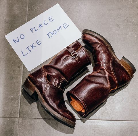 Photo by bootsmaniac on November 3, 2022 of the John Lofgren Wabash Engineer Boots in Shinki Burgundy Oiled Horsebutt.