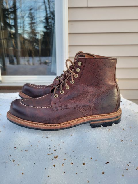 Photo by JoshankRedemption on December 1, 2023 of the Grant Stone Brass Boot in C.F. Stead Dark Burgundy Classic Kudu.