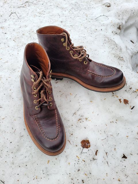 Photo by JoshankRedemption on April 1, 2024 of the Grant Stone Brass Boot in C.F. Stead Dark Burgundy Classic Kudu.
