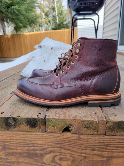 Photo by JoshankRedemption on April 1, 2024 of the Grant Stone Brass Boot in C.F. Stead Dark Burgundy Classic Kudu.