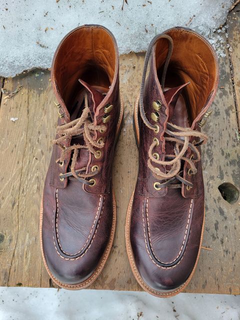 Photo by JoshankRedemption on April 1, 2024 of the Grant Stone Brass Boot in C.F. Stead Dark Burgundy Classic Kudu.