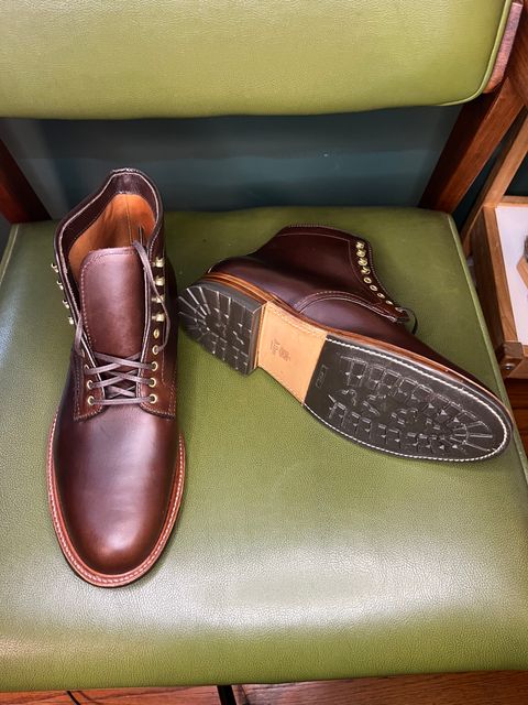 Photo by shoemageddon on October 3, 2024 of the Alden Plain Toe Boot in Horween Brown Chromexcel.