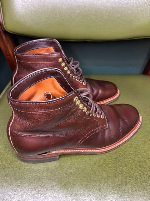 Photo by shoemageddon on November 4, 2024 of the Alden Plain Toe Boot in Horween Brown Chromexcel.