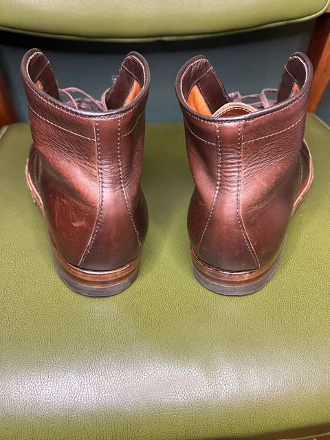 Photo by shoemageddon on November 4, 2024 of the Alden Plain Toe Boot in Horween Brown Chromexcel.