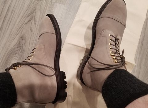 Photo by InfernalJusticator on July 3, 2024 of the Grant Stone Cap Toe Boot in C.F. Stead Taupe Repello Calf Suede.