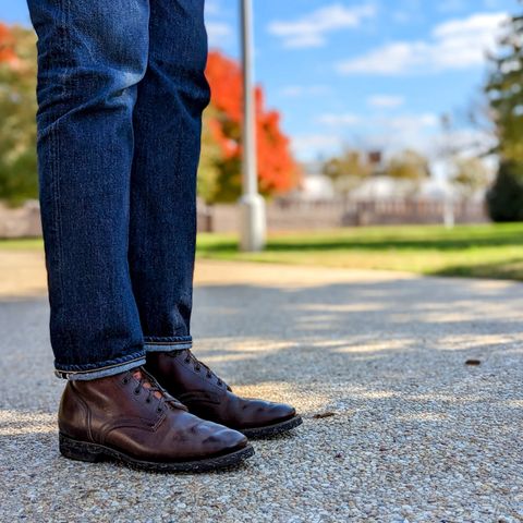 Photo by looking.down_ on November 1, 2022 of the Clinch Yeager Boots in Brown-Overdyed Horsebutt.