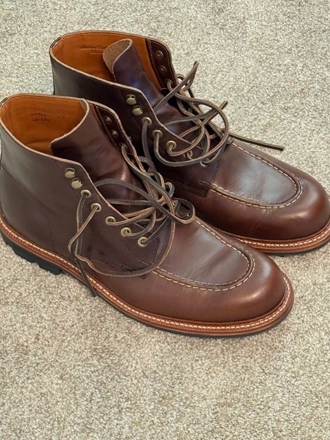 Photo by DMSR64 on December 13, 2024 of the Grant Stone Brass Boot in Horween Crimson Chromexcel.