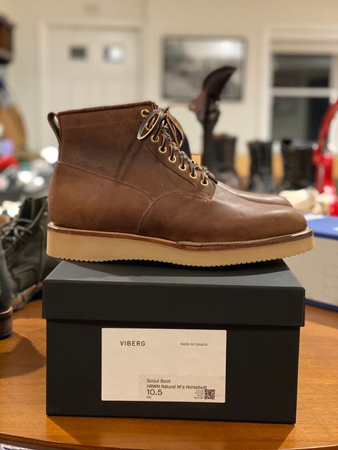 Photo by stitchdown on October 6, 2022 of the Viberg Scout Boot in Horween Crust Natural M's Workshoe Butt.
