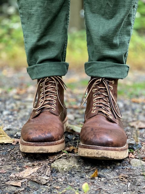 Photo by stitchdown on November 2, 2022 of the Viberg Scout Boot in Horween Crust Natural M's Workshoe Butt.