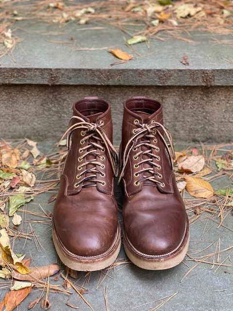 Photo by stitchdown on November 2, 2022 of the Viberg Scout Boot in Horween Crust Natural M's Workshoe Butt.