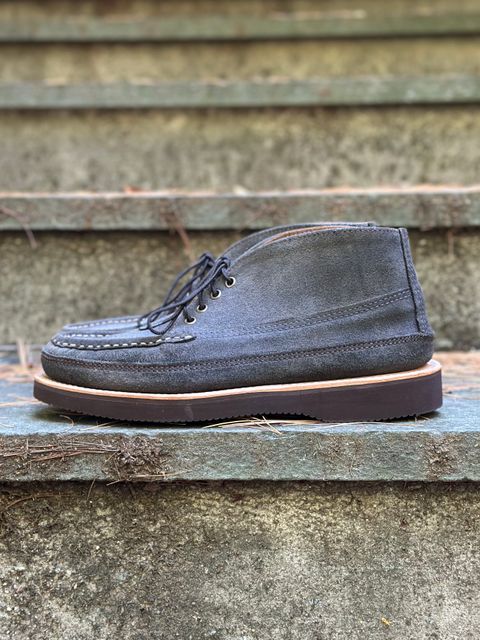 Photo by stitchdown on October 3, 2025 of the Russell Moccasin Co. Sporting Clays Chukka in Horween Marine Field Roughout.