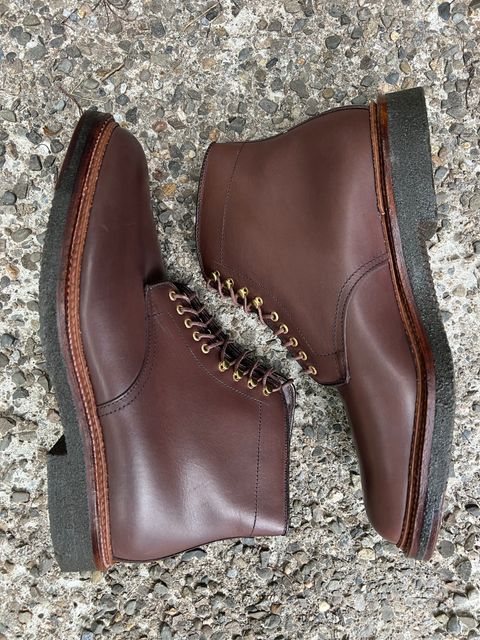 Photo by drtobiassfunke on October 2, 2022 of the Alden Plain Toe Boot in Dark Brown Pegasus Calf.