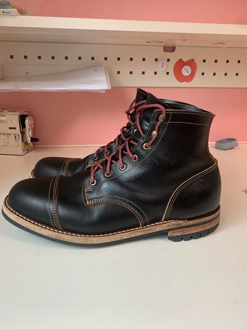 Photo by eggieman on March 5, 2025 of the Truman Cap Toe Boot in Horween Black Waxed Flesh.